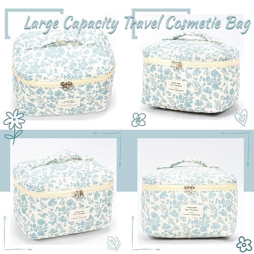 Cotton Makeup Bag Floral Quilted Cosmetic Pouch Large Capacity Flap Handheld Travel Cosmetic Bag Kawaii Coquette Aesthetic Floral Toiletry Bag for Women Girls (Blue) thumbnail 4