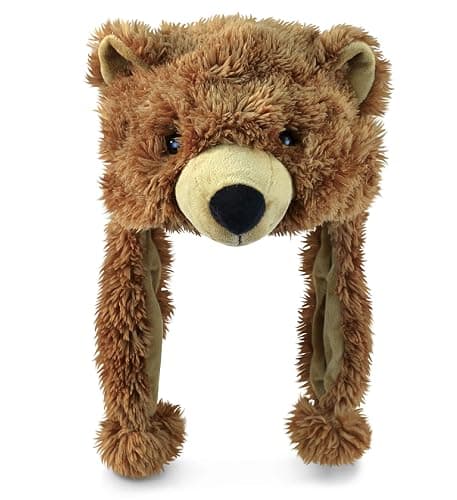 Puzzled Brown Grizzly Bear Hat - Soft Plush Animal Beanie with Ear Flaps, Cozy Fleece, Warm Winter Hat for Kids, Teens, Adults - One Size - Image 1