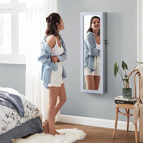 SONGMICS 6 LEDs Mirror Jewelry Cabinet, 47.2-Inch Tall Lockable Wall or Door Mounted Jewelry Armoire Organizer with Mirror, 2 Drawers, 3.9 x 14.6 x 47.2 Inches, Gray UJJC93GY thumbnail 2