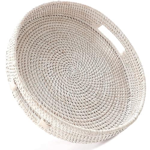 HITOMEN 11.8" Hand-Woven Round Rattan Serving Tray Decorative Wicker Trays with Handles for Coffee Table (Whitewash-M) - Image 1