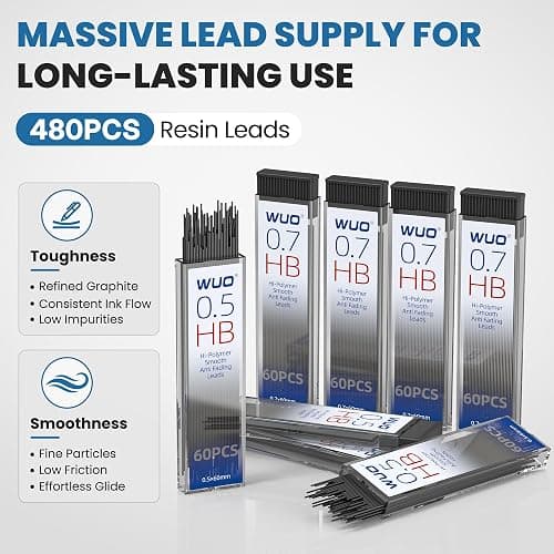 WUO 0.5 & 0.7 mm Mechanical Pencils with Eraser Pen Storage Case, 8 PCS | Metal Drafting Pencil Set, 480 HB Lead Refills, 3x4B Erasers, 11 Eraser Refills for Artist Writing Drawing Sketching thumbnail 6