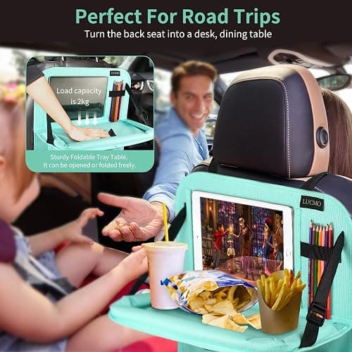 LUCMO Car Backseat Organizer with Tablet Holder-2 Pcs,6 Storage Pockets Car Storage Organizer with Foldable Food Tray,Protectors Kick Mats Travel Accessories-Light Blue thumbnail 4
