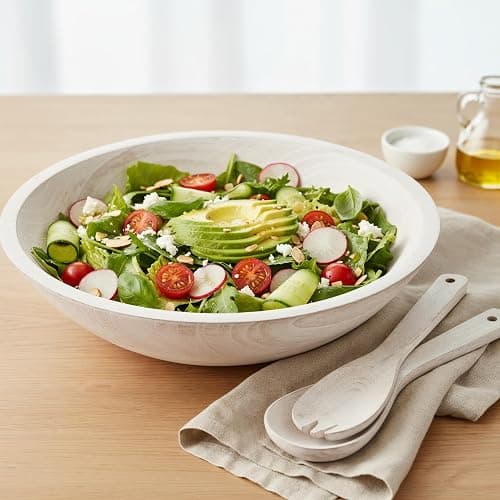 KIBAGA Extra Large Wooden Salad Bowl Set With Serving Utensils - A Beautiful Party Salad & Fruit Bowl With Serving Spoons Perfect for Your Dinner Party - Decorative & Practical Kitchen Must-Have - Image 1