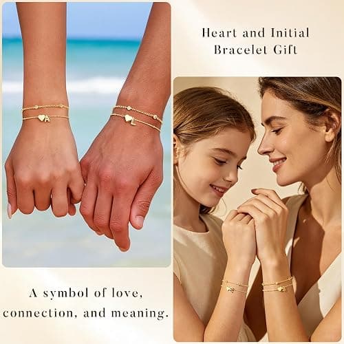 Turandoss Heart Initial Bracelets for Teen Girls, Jewelry Gifts for Girls | Dainty 14K Gold Plated Layered Initial A-Z Bracelets, Birthday Ideal Gifts for 6 7 8 9 10 11 12 13 14 15 16 Years Old Girls thumbnail 3