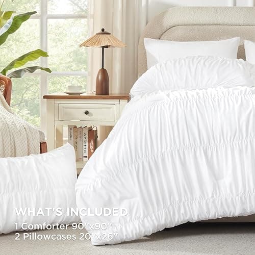 Andency Ruched White Queen Comforter Set, Shabby Chic Pleated Bedding Sets 3 Pieces, Lightweight Soft Boho Ruffle Bed Set for Girls, Kids, Women, All Season thumbnail 6