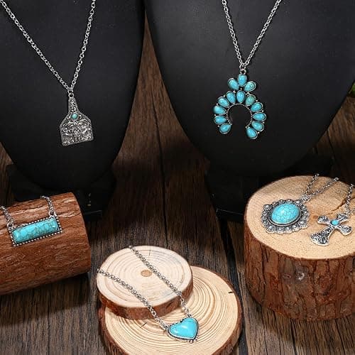 FUNRUN JEWELRY 10Pcs Western Necklaces for Women Turquoise Necklace Cow Tag Lightning Bolt Horseshoe Bar Turquoise Pendant Necklace Cowgirl Boho Western Jewelry Set thumbnail 7