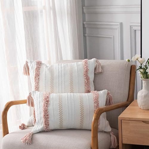 MeMoreCool Boho Tufted Lumbar Pillow Cover 12×20 with Tassels, Neutral Farmhouse Decorative Throw Pillow Case for Couch & Bed, 100% Cotton Woven, Hidden Zipper, Pink (Cover Only) thumbnail 2