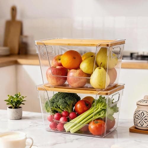 Criusia 2 Set Pantry Organizers and Storage with Bamboo Lids, Stackable Clear Bins for Onion, Potato, Fruit, Vegetables, Trash Bag Dispenser, Kitchen and Under Sink Organizer thumbnail 2