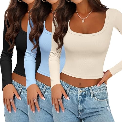 Ekouaer Womens 3 Pack Long Sleeve Crop Tops Square Neck Ribbed Slim Fitted Base Layer Basic Shirt Thermal Undershirts XS-XXL - Image 1