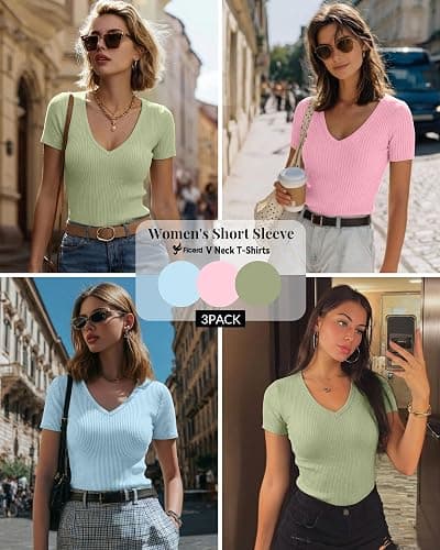 Ficerd 3 Pack Women's Short Sleeve Cotton T-Shirts V Neck Ribbed Slim Fit Tops Ladies' Casual Summer Basic Tee thumbnail 2