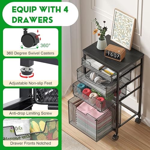 Sbanmao Rolling Storage Cart with Drawers, Utility Cart with Wooden Tabletop and Lockable Wheels Multifunctional Storage Organizer Craft Cart for Classroom, Bedroom, Bathroom, Office, Black thumbnail 3