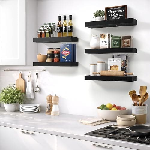 Sorbus Floating Shelves for Wall – 16 Inch Floating Shelf for Kitchen, Bedroom, Living Room, Bathroom, Home & Wall Decor - Mounted Bathroom Shelves with Invisible Brackets (Black, 3 Pack) thumbnail 5