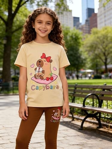 WMHNEI Girls 2 Piece Outfits - Short Sleeve Graphic Top & Leggings Spring Kids ClothingSet with for 6-12 Years thumbnail 5