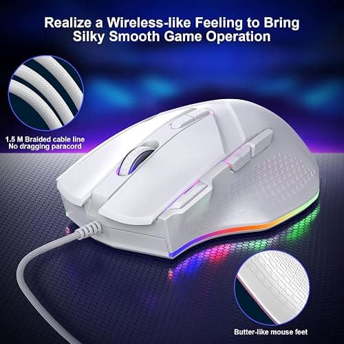 LEWENTECH Gaming Mouse 6 Adjustable DPI Up to 7200 Wired PC Gaming Mouse 8 Programmable Buttons 13 Adjustable RGB LED Modes 1.5 M Drag-Free Paracord Ergonomic Mouse Windows/PC/Mac/Laptop (White) thumbnail 6