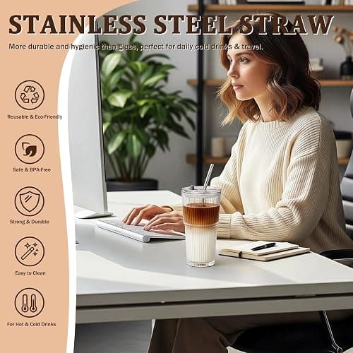 2 Packs Ribbed Glass Tumbler with Lid and Straw 16 oz Cute Ice Coffee Cup Set for Smoothie Juice Matcha Tea Latte Cappuccino Espresso Hot Coffe Water Reusable Clear Travel Mug Aesthetic Drinking Mug thumbnail 4
