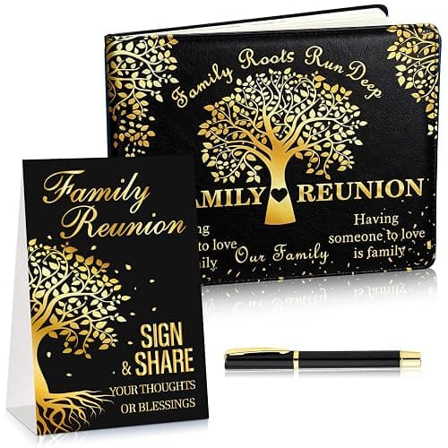 Tenceur Family Reunion Guest Book Heart, 112 Pages with Pen and Sign | Tree Design Memory Journal for Gathering, Black Gold Foil, Includes Table Stand and Writing Tool, Reunion Celebration - Image 1