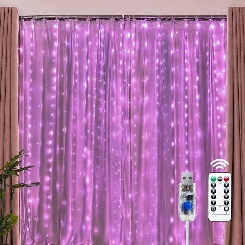 Brightown 300 LED Pink Fairy Curtain Lights, 9.8ft x 9.8ft String Lights | USB Plug in 8 Lighting Modes Christmas String Hanging Lights with Remote for Bedroom Indoor Outdoor Xmas Valentine's Day - Image 1