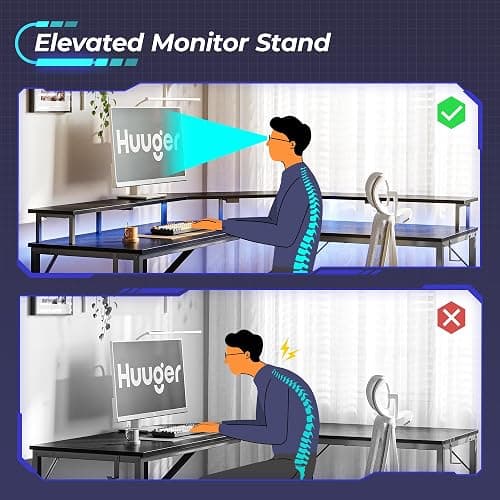 Huuger L Shaped Gaming Desk with Power Outlets & LED Lights, Computer Desk with Monitor Shelves, Home Office Desk, Corner Gaming Desk with Hooks, Black thumbnail 6