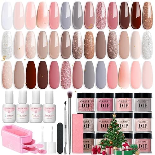 AZUREBEAUTY 31 Pcs Dip Powder Nail Kit 20 Colors Glitter Nude Brown Pink White Gray Dip Powder Liquid Set with Top/Base Coat Activator for French Nails Art Manicure DIY Salon Women Valentine's Gift - Image 1