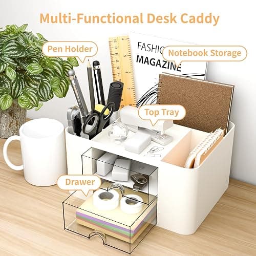 CasaCulina Desk Organizer with 2 Drawer, Multi-Functional Pencil Pen Holder, Plastic Desk Organizers and Storage with 5 Compartments for School Office Art Supplies (White) thumbnail 3
