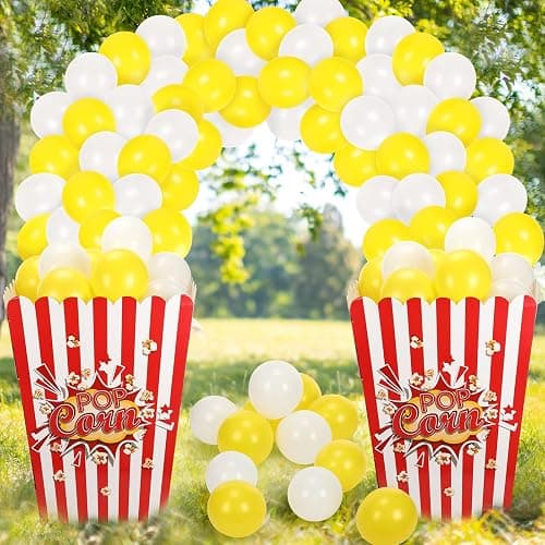 Sosation 2 Pack Giant Popcorn Box Prop Cardboard Stand up with Balloons Movie 3D Popcorn Bucket Decoration Large Carnival Circus Decorations Arch Kit for Movie Night Themed Birthday Party (Red) - Image 1