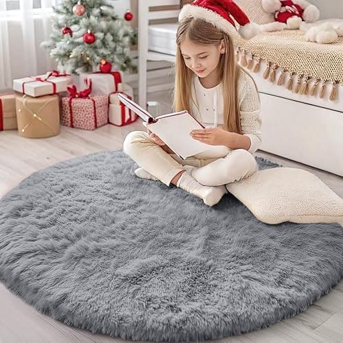 OLANLY Light Grey Round Rugs for Bedroom - Machine Washable, 4 ft Circle Area Rugs for Living Room, Soft and Fluffy Shaggy Carpet for Teen Girls and Boys, Nursery Rooms, Dorms, Home Decor Aesthetic - Image 1
