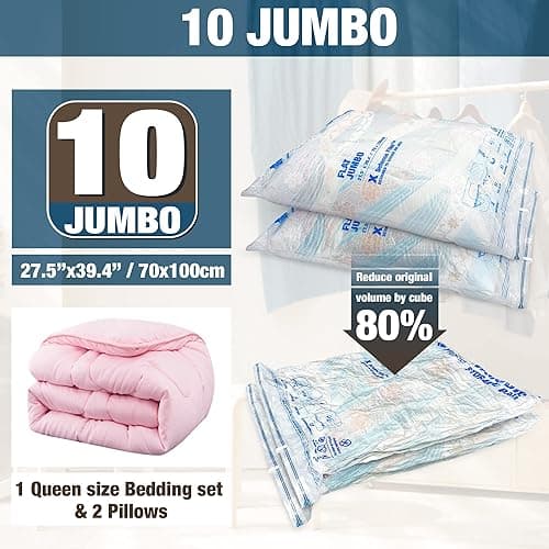 HIBAG Vacuum Storage Bags, 10 Jumbo Space Saver Vacuum Seal Bags, Space Bags, Vacuum Sealer Bags for Clothes, Comforters, Blankets, Bedding (10J) - 10-Jumbo thumbnail 2