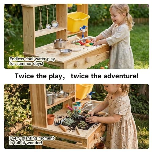 Wooden Mud Kitchen for Kids with Working Faucet and Removable Sink | Outdoor Play Kitchen Set with 10 Accessories, Stainless Steel Cookware & Planter Pots, Kids Play Kitchen for Ages 3+ thumbnail 6