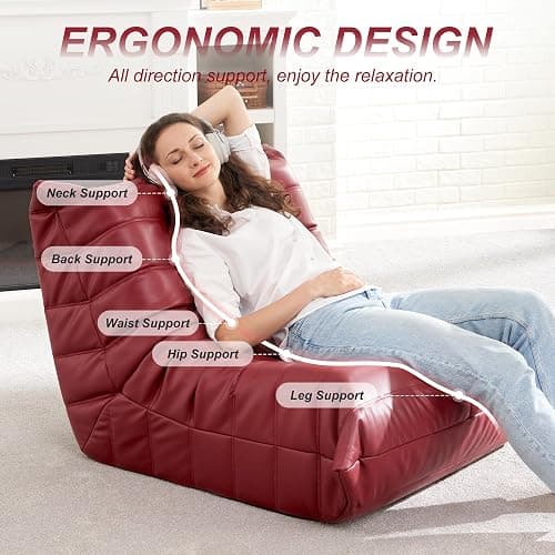 Hobestluk Giant Bean Bag Chair Lazy Floor Sofa, Memory Foam Fireside Sofa for Adults, Big Beanbag Faux Leather Armless Chair for Living Room Bedroom Dorm Office (WineRed, Single) thumbnail 4