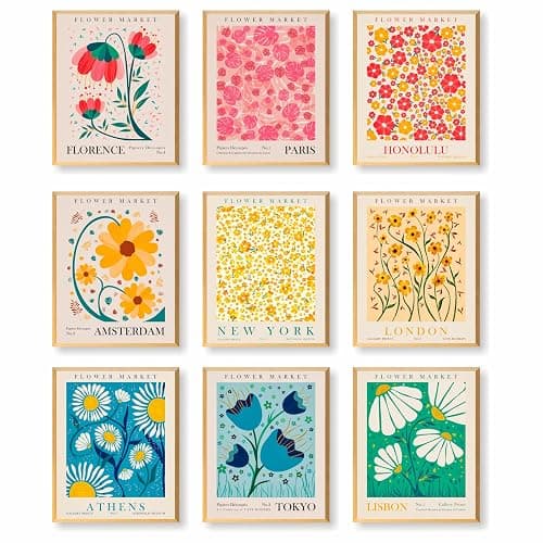 dazongweihan Flower Market Poster Set of 9, Abstract Wall Art Prints,Vintage Colorful Floral Wall Art Decor,Minimalist City & Flower Painting Pictures,Pink Prints Wall Art,8x10in, Unframed(Q) - Image 1