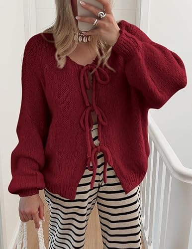 PRETTYGARDEN Women's Tie Front Bow Cardigan Sweaters Chunky Knit Long Puff Sleeve Trendy Fall Winter Jacket Coats thumbnail 5
