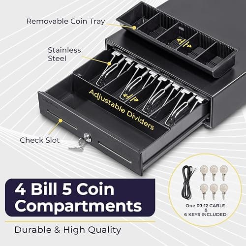 Volcora 13" Electronic Cash Register Drawer for Point of Sale (POS) System with 4 Bill 5 Coin Cash Tray, Removable Coin Compartment, 24V, RJ11/RJ12 Key-Lock, Media Slot, Black - for Small Businesses thumbnail 3