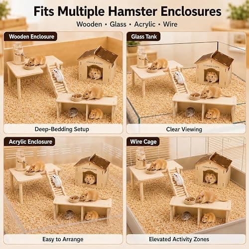 Viventwave 4-Piece 6.3-Inch High Hamster Platform Set, Large House Hideout | Hamster Cage Accessories: Hamster House, Hides & 2-Chamber Tunnel for Large Syrian Hamsters, Dwarf Hamsters, Gerbils and Mice thumbnail 4