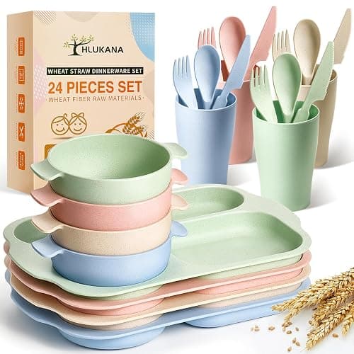 Hlukana 24 Pcs Wheat Straw Dinnerware Cutlery Set, Unbreakable Tableware Set, Including Kids Toddlers Divided Plates, Bowls, Cup, Cutlery Spoons Knifes Forks, BPA Free, Microwave Dishwasher Safe - Image 1