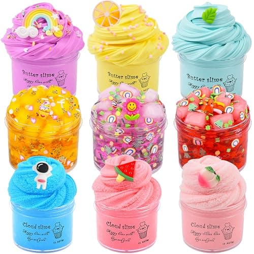 9 Pack Slime Kit with 3 Jelly Cube, 3 Butter & 3 Cloud Slime, Non-Sticky DIY Sensory Toys for Stress Relief, Kids Party Gift for Girls and Boys - Image 1