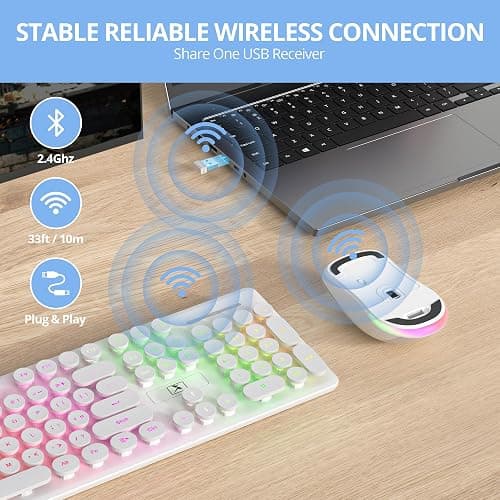 Fogruaden Rechargeable Wireless Keyboard and Mouse, Backlit Cute Keyboard and Mouse Combo with Retro Round Keycap, 2.4G Connectivity for Windows PC, Laptop, Desktops, Computer(White) thumbnail 2