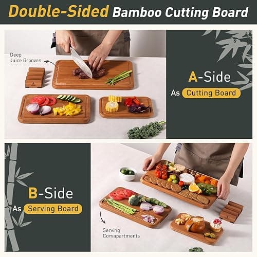 3 Packs Bamboo Cutting Board Set with Holder Nice Solid Thick Wood Deep Juice Groove & Built-in Handles Chopping Board Large Big Small Best Hardwood Kitchen Counter Organic Vegetable Meat BBQ Kit thumbnail 2