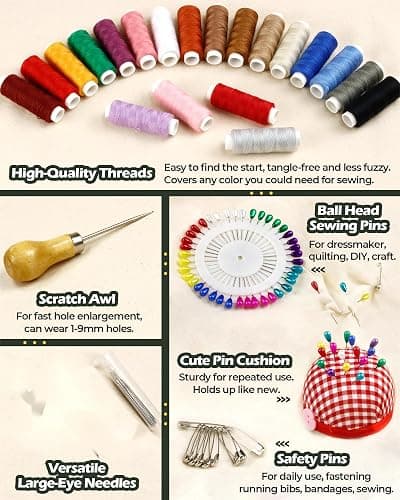 Heavy Duty Sewing Kit, Upholstery Repair Sewing Kit with Sewing Awl, 120PCS | Sewing Kit, Large-Eye Needles, Sewing Awl, Seam Ripper, 20 Colors Sewing Thread, Upholstery Repair, Leather Repair, DIY thumbnail 3
