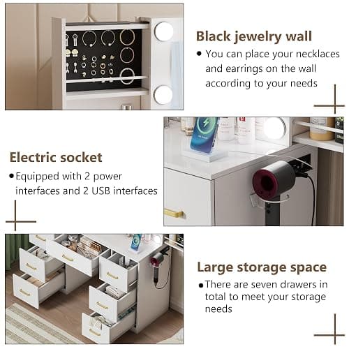 FURNJOYLIFE White Makeup Vanity Desk with Lighted Mirror & Power Outlet,3 Color Modes, Brightness Adjustable,Vanity Table with Drawer,Sliding 2 Storage Wall-Mounted Jewelry thumbnail 5