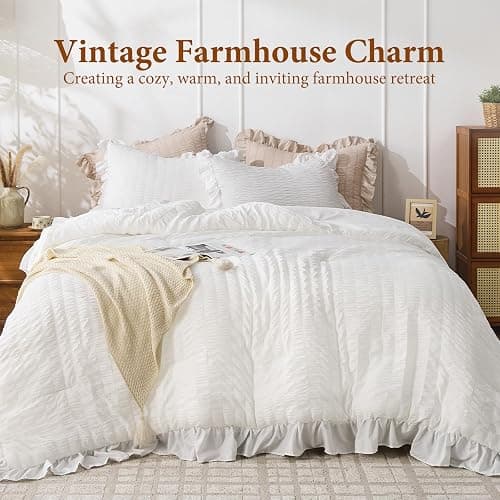 JOLLYVOGUE Oversized Queen Comforter Set, 3 Pieces White Seersucker Comforters, Lightweight & Fluffy Bedding Sets for All Season with 1 Ruffle Comforter and 2 Ruffle Pillowshams thumbnail 2