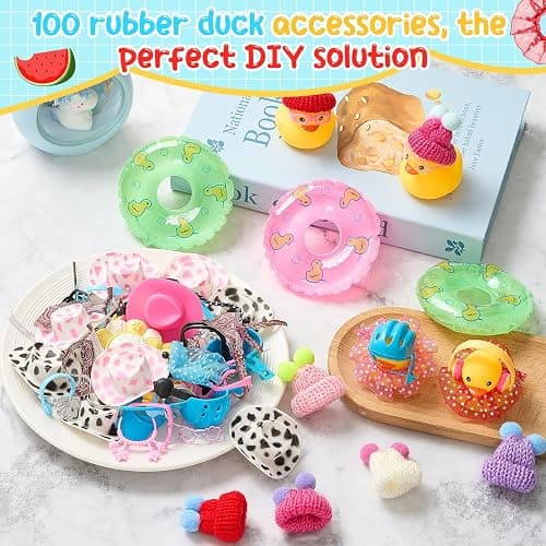 Poen 100 Pcs Rubber Duck Accessories Decorations for Cowgirl Hats Glasses Earphones So on Necklaces Swimming Ring Crowns Bibs DIY Accessories Gifts for Valentine Rubber Duck (Chic Style) thumbnail 3