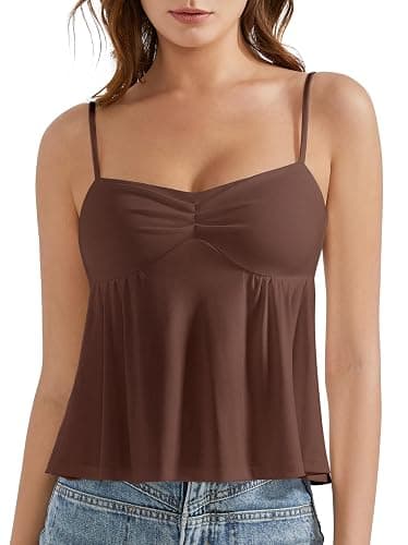 OMKAGI Cute Peplum Camisole Tops for Women Built in Bra Sleeveless Going Out Tank Top - X-Small - 22-dark Brown - Image 1