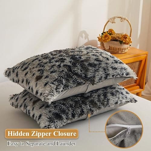 XeGe Leopard Faux Fur Fluffy Pillowcases, Plush Shaggy Soft Long Pillow Covers, Fuzzy Decorative Cheetah Print Pillow Cases, Furry Pillow Shams for Bed Sofa Zipper Closure, 2 Pack(Standard, Grey) thumbnail 3