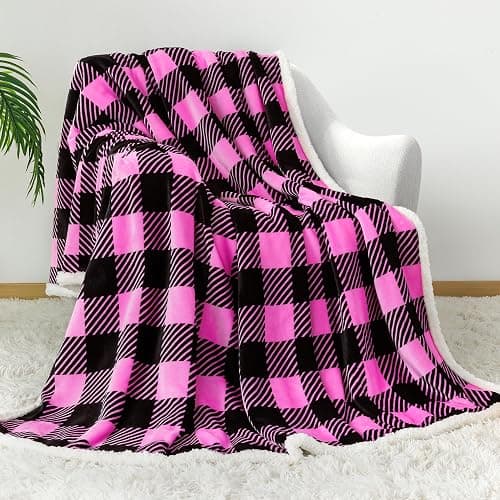 Touchat Sherpa Plaid Twin Blanket 60" X 70", Fuzzy Fluffy Soft Cozy Throw Blanket, Twin Size Plush Fleece Flannel Plush Microfiber Blanket for Couch Bed Sofa (Rosepink) thumbnail 2