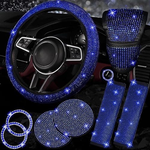 NBTEPEM 8 pcs Blue Bling Car Accessories Set for Women, Steering Wheel Cover, Sparkly Seat Belt Covers, Bling Gear Shift Cover, Universal Fit Most Cars (Blue Diamond) - Image 1