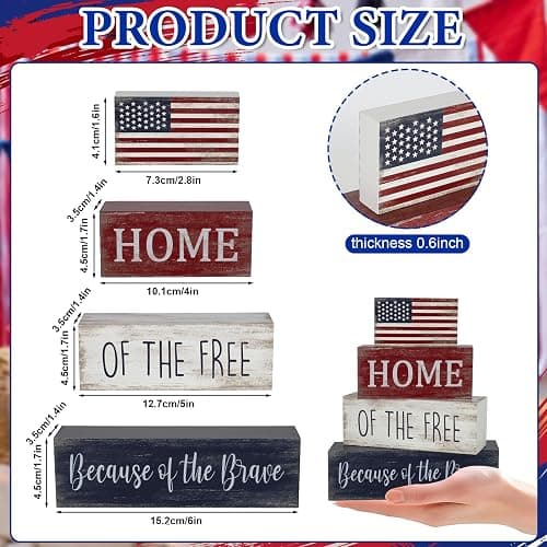 4th of July Decorations, 4 Sets Patriotic Wooden Block Table Centerpieces, Red White Blue Independence Day Memorial Day Tabletop Decorations, Rustic Labor Day Tiered Tray Decor for Home Office thumbnail 3
