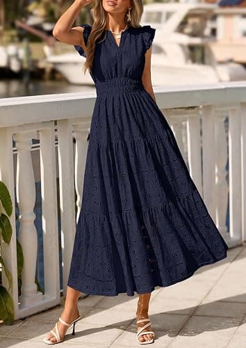 PRETTYGARDEN Women's Summer Eyelet Boho Maxi Dresses | V Neck, Elastic Waist, Cap Sleeve, Tiered Ruffle, A-Line, Floral Lace Cutout, Wedding Guest Dress, Beach Vacation Clothes thumbnail 9