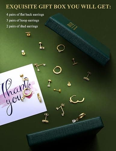 Hypoallergenic Stud Hoop Silver 14K Gold Plated Earrings Stacks - 9 Pairs Surgical Stainless Steel Earring Set for Sensitive Ears - Small Ear Piercing Flat Back Cartilage Earrings for Women Trendy Gifts thumbnail 6