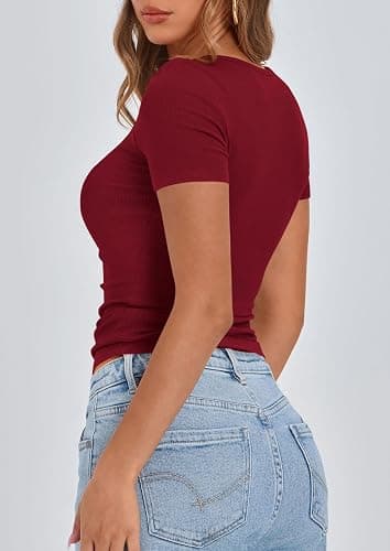 PRETTYGARDEN Women's 2025 Spring Summer Short Sleeve Tops Ribbed Henley Button Slim Fit Basic Casual T Shirts Blouse Clothing - Wine Red - Large thumbnail 2