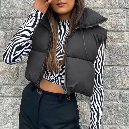 Hixiaohe Women's Winter Crop Vest Puffer Lightweight Stand Collar Padded Vest Zip Up Sleeveless Jacket thumbnail 4